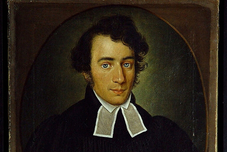 der junge Wilhelm Löhe mit lutherischem Beffchen und schwarzem Talar Gemälde von Wilhelm Löhe